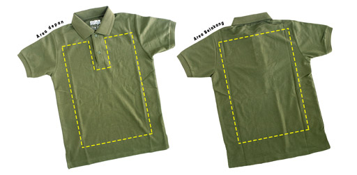 area cetak bagian depan dan belakang kaos polo custom